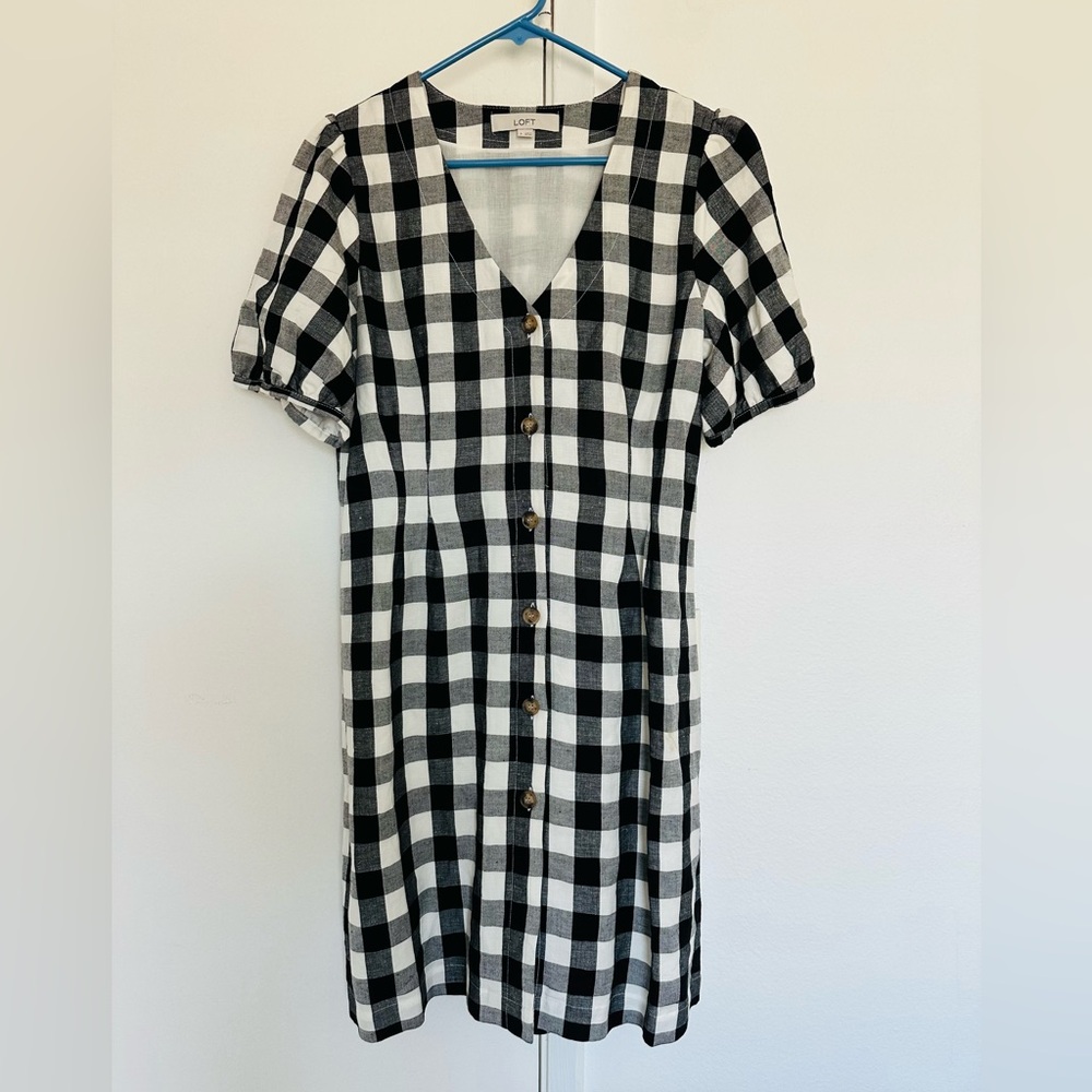 NWOT Loft Womens Size 8 Button Up Dress Black White Gingham Linen Blend Lined